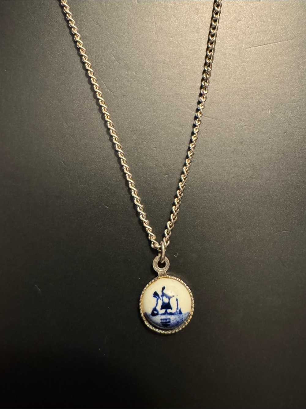 Vintage Delft Style Blue & White Porcelain Pendant Necklace - 15”